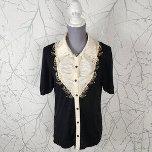 Minkas Stretch Jersey Floral Embroidered Bib Button Up Blouse